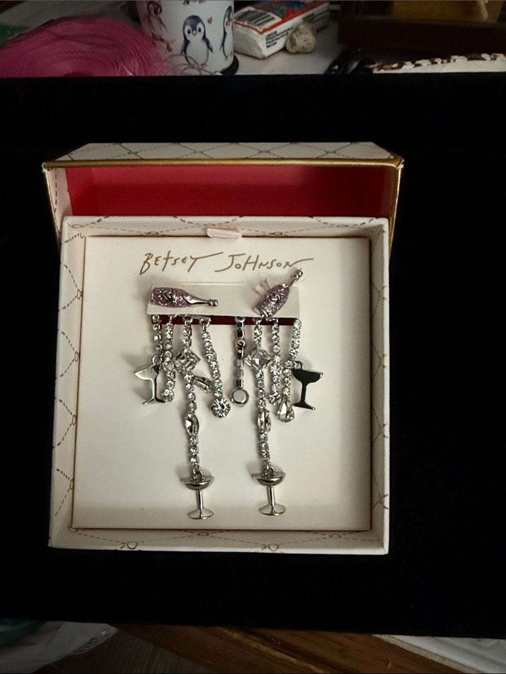 Betsey Johnson Silver Martini Charm Earrings  with Crystal Dangles